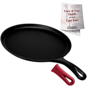 Cast Iron Round Griddle - 10.5”-Inch Crepe Maker Pan + Silicone Handle Cover - Pre-Seasoned Comal for Tortillas Flat Skillet - Dosa Tawa Roti Grill - Oven, Stovetop, BBQ, Fire, Smoker, Induction Safe