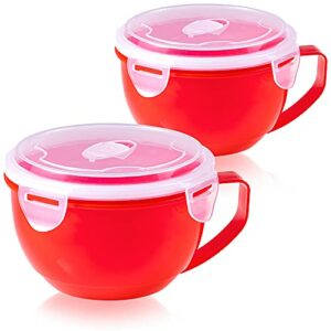 Microwave Bowl with Lid, 2-Pack Microwave Soup Bowl with Lid, Noodle Bowl for Ramen, Soup, Beverages, 30.43 Ounces, Red