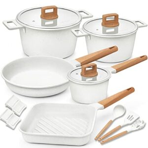 Cookware Set Nonstick 100% PFOA Free Induction Pots and Pans Set with Cooking Utensil 15 Piece – White